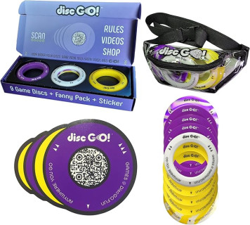 DiscGO! Game 9 Soft Silicone Discs, Play Indoor/Outdoor for Fun, Gift, Family, Camping, Parties, Tailgating, Team Building, Classroom, Portable Travel Games for Kids & Adults (Yellow, White & Purple)