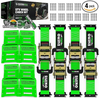 Rhino USA Wheel Chock Tie Down Kit (4,500lb Break Strength) (4) Heavy Duty Trailer Tire Ratchet Straps (8) Wheel Chocks - E Track System for ATV, UTV, Lawn Mower, Four Wheeler - Green