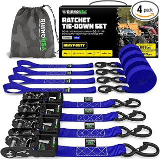 Rhino USA Ratchet Straps Heavy Duty Kit (4-Pack) - 1.6 Inch x 15 Feet (5,208lb Break Strength) - Ultimate Tie Down Straps with Safety S Hooks for Trucks, ATV, UTV, Motorcycle, Cargo & More - Blue