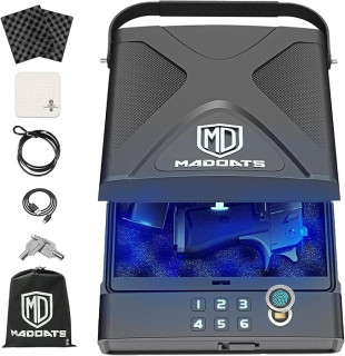 Car Gun Safe, Portable Biometric Safes for Pistols with Cable, Fingerprint & Keypad & Key Access Handgun Lock Box for Vehicle Travel Home