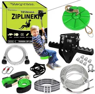 TRSMIMA Zipline Kit for Kids and Adult 200ft Zipline with Spring Brake Safety Harness Zip line Trolley Ratchet Tighten System Support 330 lbs