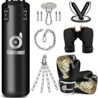 Odoland Punching Bag Set for Adults, 4FT PU Heavy Boxing Bag with 12OZ Boxing Gloves, Hand Wraps, Hanging Chains for MMA Karate Kickboxing Martial Art Home Gym Trainging - Unfilled
