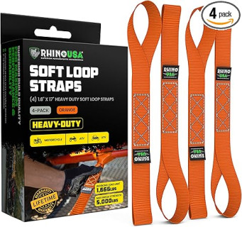 Rhino USA Soft Loop Tie Down Straps (4-Pack) - 1.6 Inch x 17 Inch (5,000lbs Break Strength) Heavy Duty Motorcycle Straps for use With Ratchet Straps - Handlebar Straps for ATV, UTV, Dirt Bike (Orange)