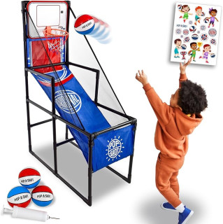 Pop-A-Shot Lil’ Pop Game | Indoor Arcade Basketball Hoop for Kids Age 3-6 | 3 Balls & Sticker Pack | Electronic Scoreboard, Music, Sound FX
