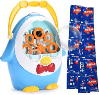 Kidzlane Penguin Bubble Machine for Kids - Made of Durable Plastic - Blows 500 Bubbles Per Minute, Quiet Low Sound Motor - No-Spill Bubble Maker for Kids - 3 Years Up