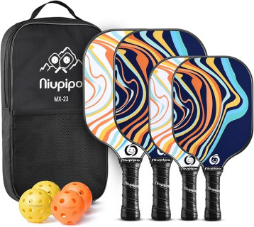 niupipo Pickleball Paddles Set of 2/4, USAPA Approved Fiberglass Surface, Polypropylene Honeycomb Core, Cushion Grip, Lightweight Pickleball Rackets with 2 Indoor and 2 Outdoor Balls, Portable Bag