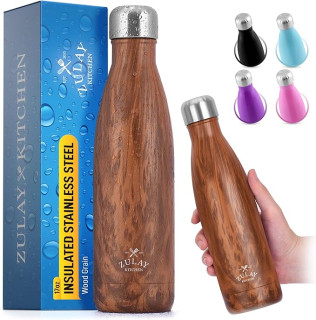 Zulay 9oz,17oz, 25oz, or 34oz Stainless Steel Water Bottle - Double Wall Insulated Metal Water Bottle For Hot & Cold Drinks - BPA Free Steel Water Bottle With Leak-proof Lid (Wood)