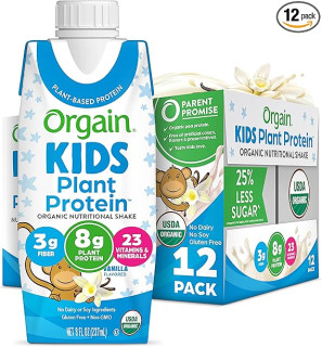 Orgain Organic Kids Nutritional Vegan Protein Shake, Vanilla - Healthy Kids Snacks, 8g Plant Protein, 3g Fiber, 23 Vitamins & Minerals, No Dairy & Soy Ingredients, Non-GMO, 8 Fl Oz (Pack of 12)