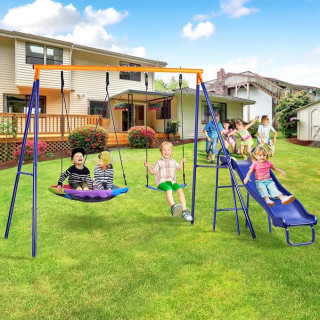 Swing Set for Backyard with Kids Slide 440lbs Heavy-Duty Metal A-Frame 1 Saucer Swing Seat 1 Swings Seat & 1 Slide