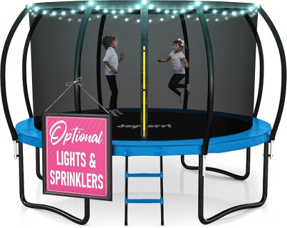 Trampoline Outdoor - ASTM Certified Safe, 8Ft, 10Ft, 12Ft, 14Ft, 15Ft, 16Ft Recreational Trampoline for Kids and Adults. Anti-Rust Coating with Enclosure Net, Ladder, Sprinkler & LED Lights