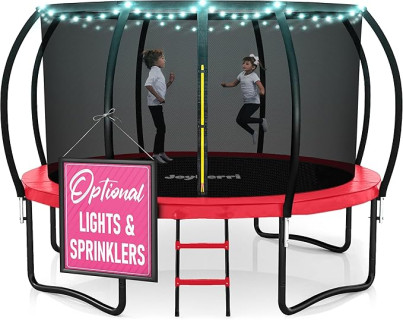 Trampoline Outdoor - ASTM Certified Safe, 8Ft, 10Ft, 12Ft, 14Ft, 15Ft, 16Ft Recreational Trampoline for Kids and Adults. Anti-Rust Coating with Enclosure Net, Ladder, Sprinkler & LED Lights