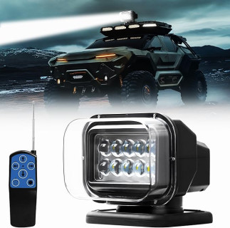 Remote LED Search Light, Auto-Reset 360 Rotating Marine Spotlight for Boat, 6 Strong Magnets Built-in Go Outdoor Spot Light for Truck Offroad Pickup 12V 24V（Black）