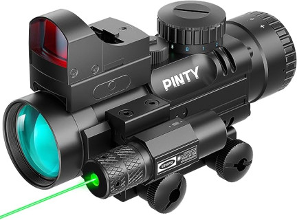 PINTY 4x32 Rifle Scope with 3MOA Red Dot Sight and Green Laser for 20mm Picatinny or Weaver Rail Long Guns, RGB Illuminated Rangefinder Scope Combo for Airsoft Pellet Guns Pistols Rifles