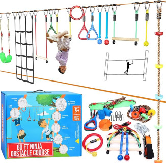 Ninja Warrior Obstacle Course for Kids, 2 x 60 ft Slackline Kit, Up to 880 Lbs, 13 Weatherproof Obstacles with Monkey Net, For Girls and Boys, Easy Setup on Trees or Posts, Outdoor Ninja Course