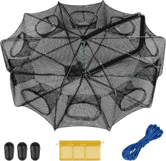 QualyQualy Fishing Bait Trap Crab Net Fishing Trap for Minnow/Crab/Shrimp/Crawdad with Rope, 10 Holes Large Space Fishing Net