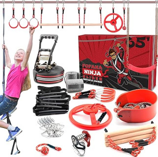 Fofana Ninja Warrior Obstacle Course for Kids - 11 Obstacles, 65 Ft Slackline, Climbing Ladder, Spinning Wheel, Gym Rings, Monkey Bars, Pulley & Swing Sets for Backyard - Outdoor Zip Line for Kids