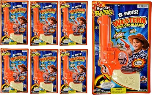 JA-RU Cap Gun Revolver (6 Toy Guns) Cap Gun Ammo 8 Shot Ring. Fake Gun Pistol Toy for Kids. Western Cowboy Toys & Prop Guns. Outdoor Shooter Games. Bulk Play Set. 913-6p