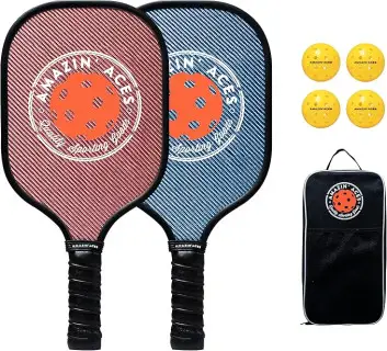 Amazin' Aces Carbon Fiber Pickleball Paddle Set in Blue and Pink - 2 Pickleball Rackets with Carbon Fiber Face and Polymer Core, 4 Outdoor Balls, and 1 Carry Bag