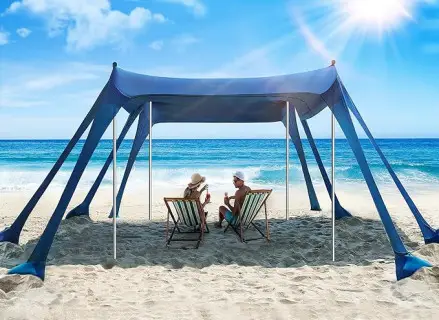 Beach Tent Sun Shelter with UPF50+ Protection, 10x10ft, Comes with 8 Sandbags, Sand Shovel, Ground Pegs & 4 Stability Poles, Outdoor Pop Up Shade Canopy for Camping, Fishing, Backyard Fun